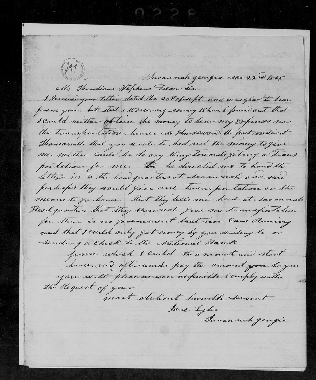 A letter from Jane Lyles to Representative Thaddeus Stevens