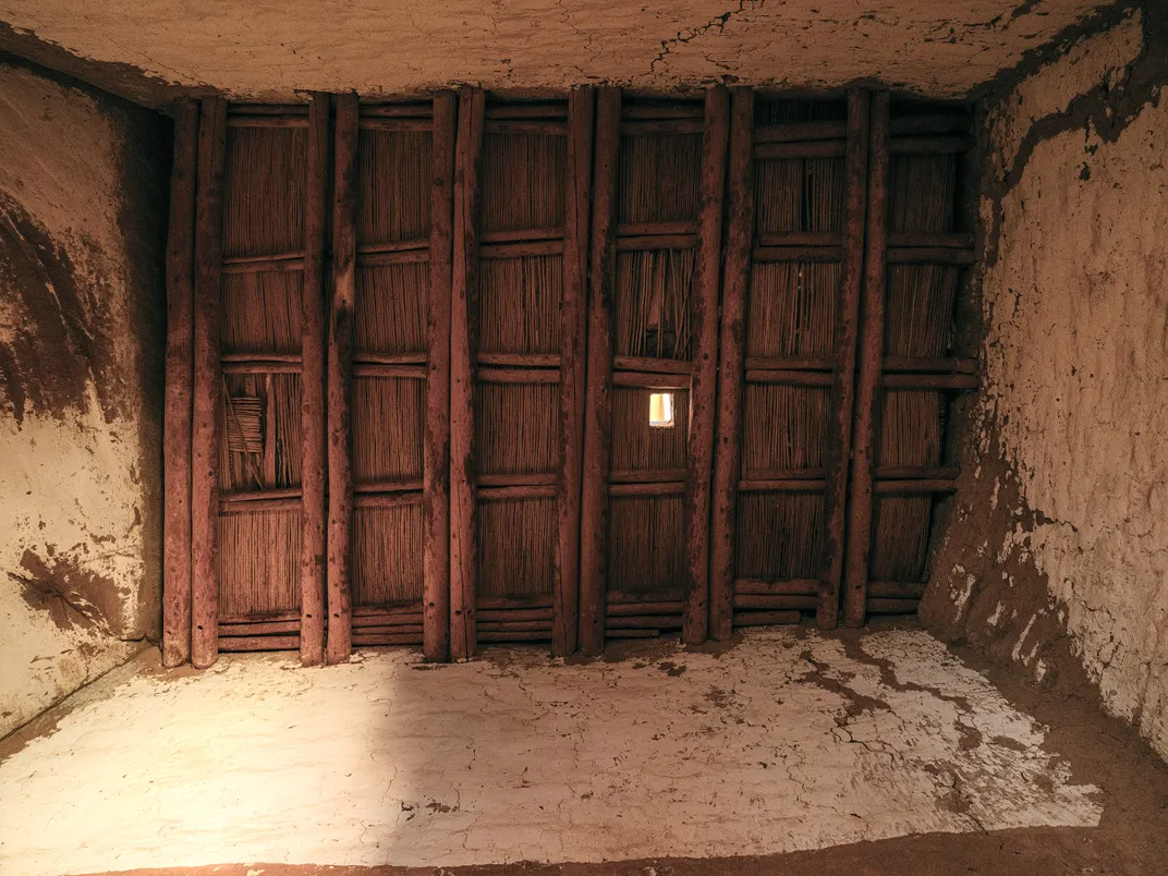 A view straight up toward the ceiling inside the eastern of two towers that defined the central tower complex. The wood ceiling is remarkably well preserved, complete with yucca fiber lashings.