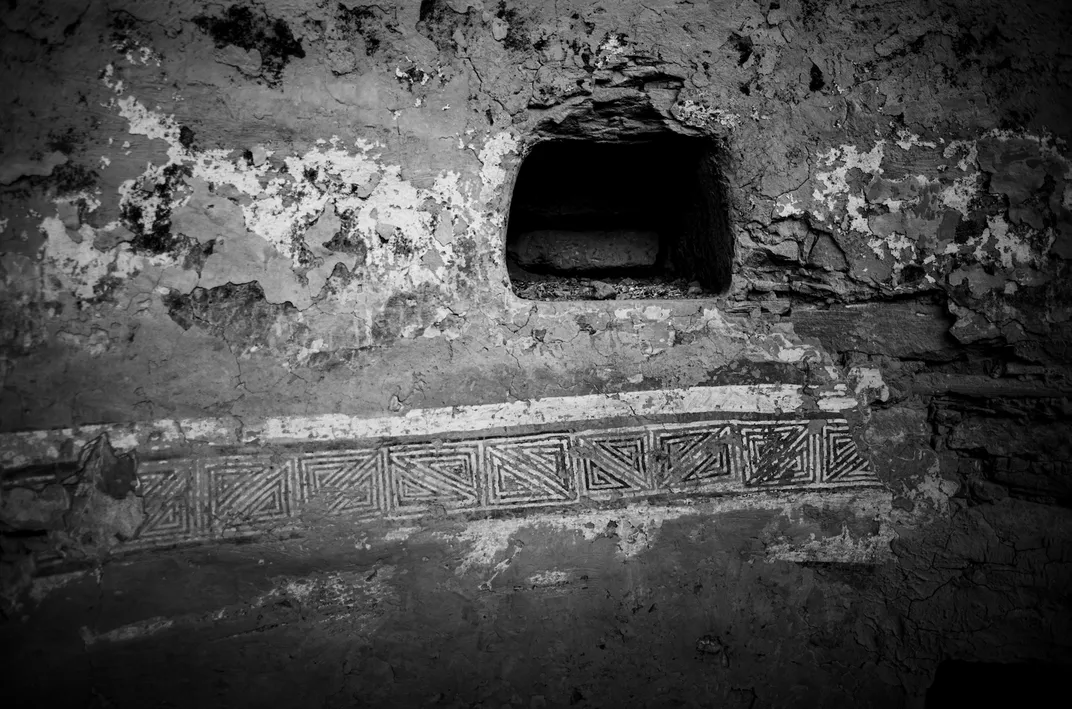 Wall paintings, likely dating to the 13th century, inside Tse Yaa Kin. Archaeologists have found similar patterns replicated in sandals, textiles and ceramic vessels in the area.