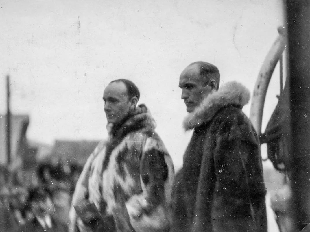 Australian explorer Hubert Wilkins (left) and aviator Carl Ben Eielson (right) in April 1928, when they flew across the Arctic Ocean from Point Barrow, Alaska, to Spitsbergen, Norway
