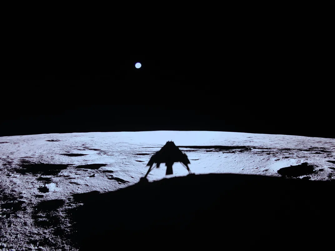 The lander's shadow on the moon's surface