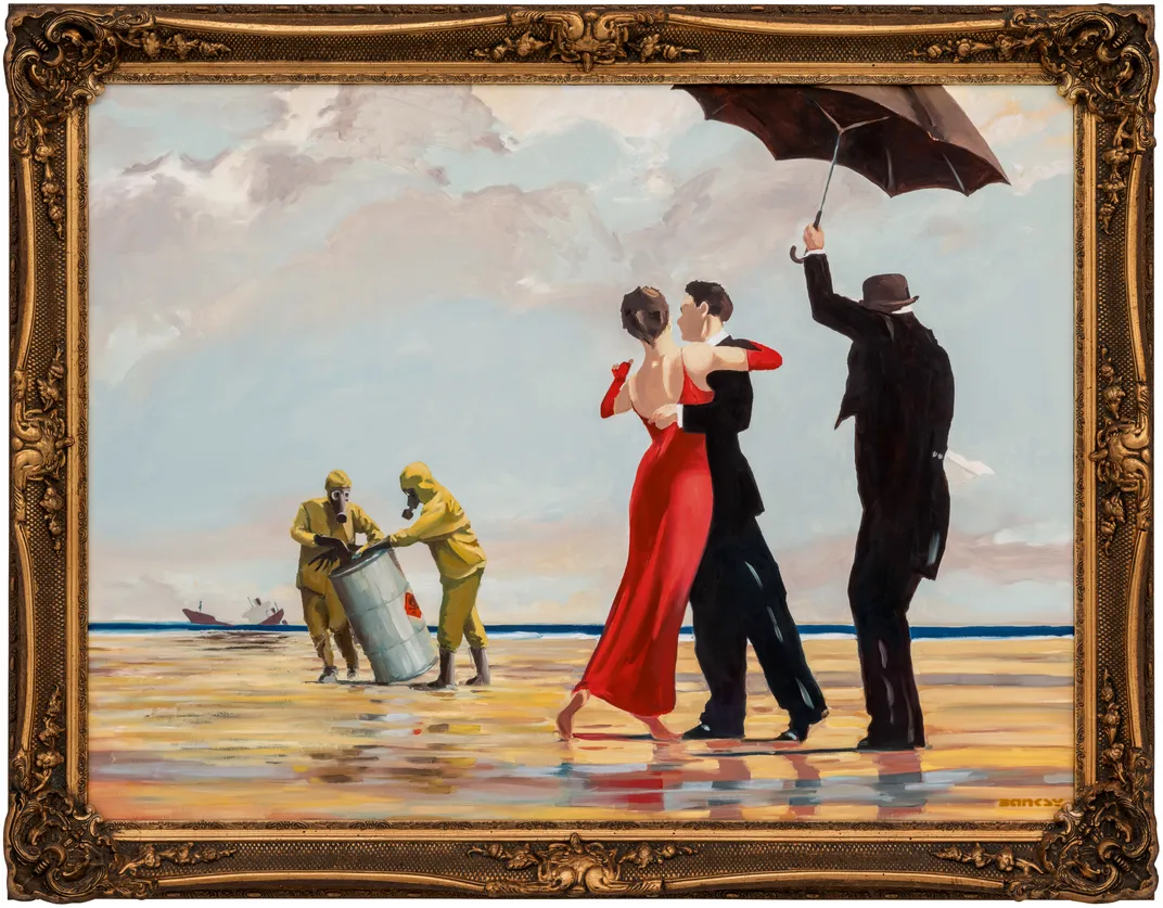 Painting of a woman in a red dressing dancing with a man
