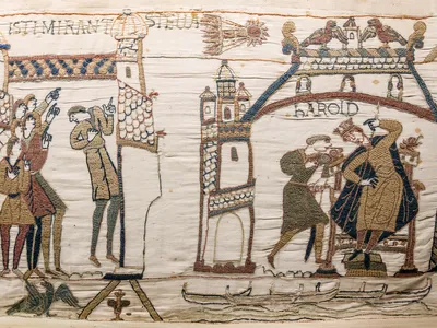 The Bayeux Tapestry, an 11th-century masterpiece of medieval embroidery, famously narrates the events leading up to and including the Norman Conquest of England in 1066.