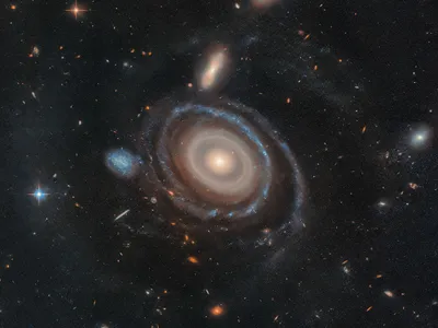LEDA 1313424, nicknamed the Bullseye, appears next to the small blue dwarf galaxy on its immediate left.
