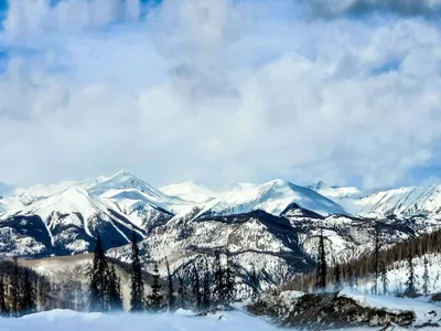 The snow-capped Rockies glow bright white in the snow.