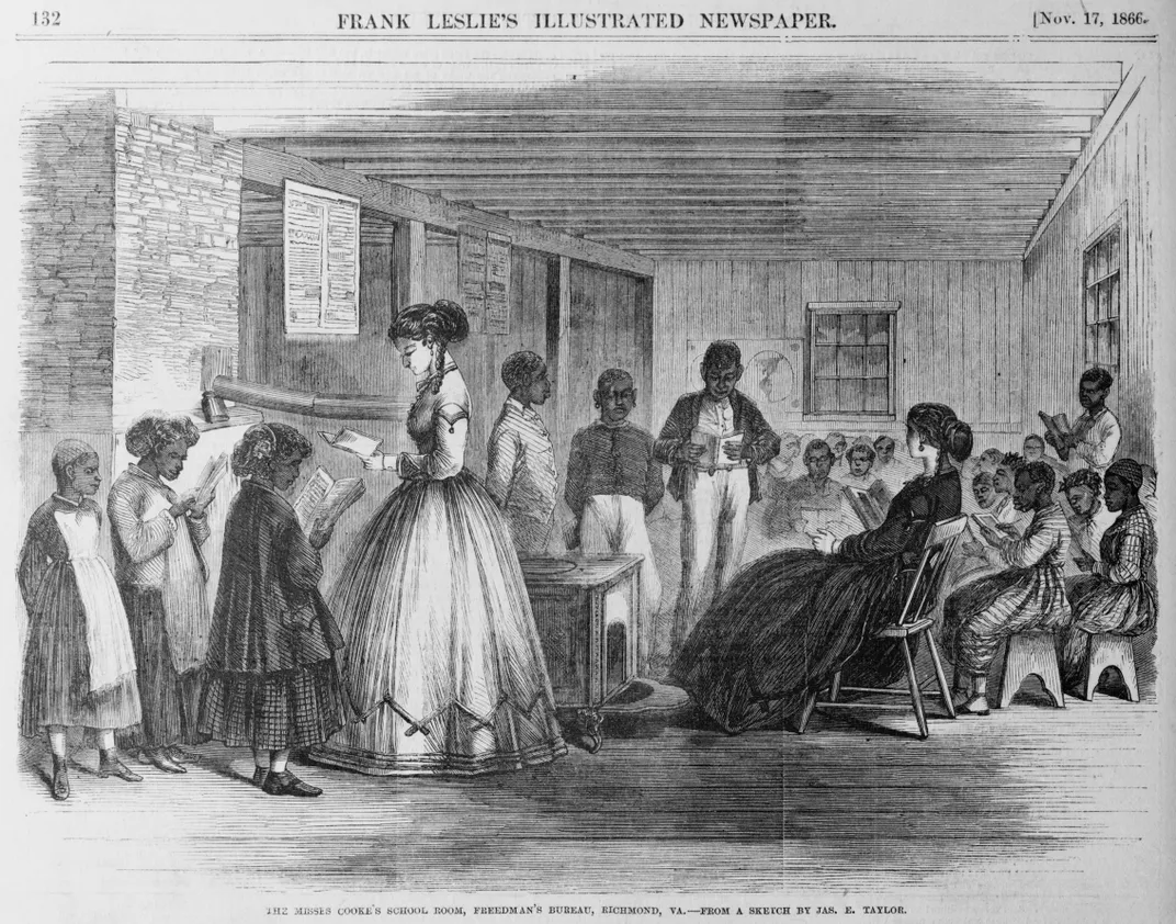 Illustration of a schoolroom at the Freedmen's Bureau office in Richmond, Virginia, 1866
