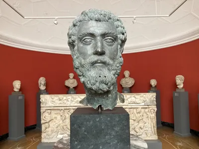 The bronze head of the Roman emperor Septimius Severus on display at the Ny Carlsberg Glyptotek museum in Copenhagen