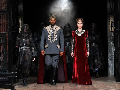 Ray Fearon plays Macbeth and Tara Fitzgerald plays Lady Macbeth in William Shakespeare&#39;s Macbeth directed by Iqban Khan at the Globe Theatre in June 2016 in London, England.