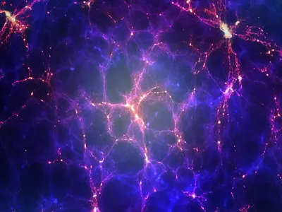 An impression of the large-scale structure of the universe, showing galaxy clusters and superclusters arranged in long filaments and concentrated at nodes.