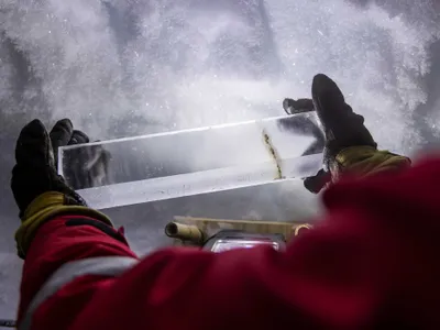 Part of an ice core taken from a borehole drilled in the&nbsp;Northeast Greenland Ice Stream