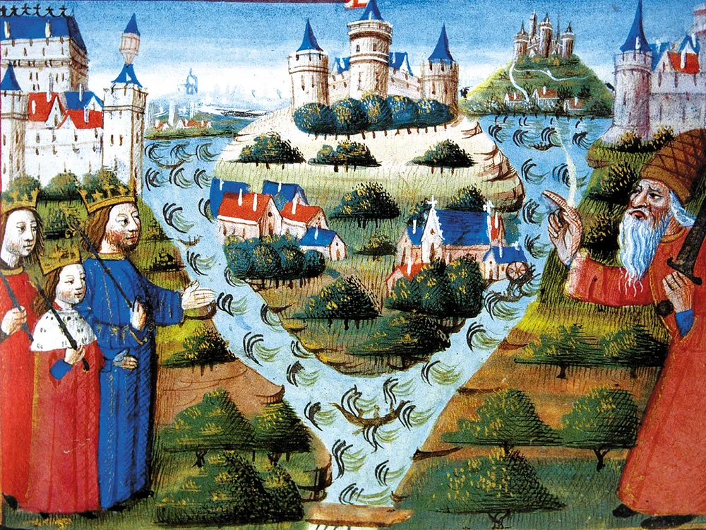 Louis the Pious (right) blessing the division of the Carolingian Empire in 843 into West Francia, Lotharingia, and East Francia