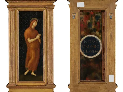 The painting measures less than 15 inches tall and just over 5 inches wide. The verso of the panel includes part of a Marian prayer.