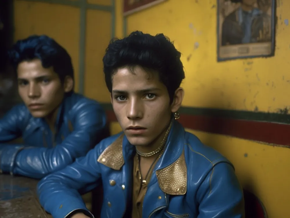 An A.I.-generated image of two Latino men wearing embellished blue jackets