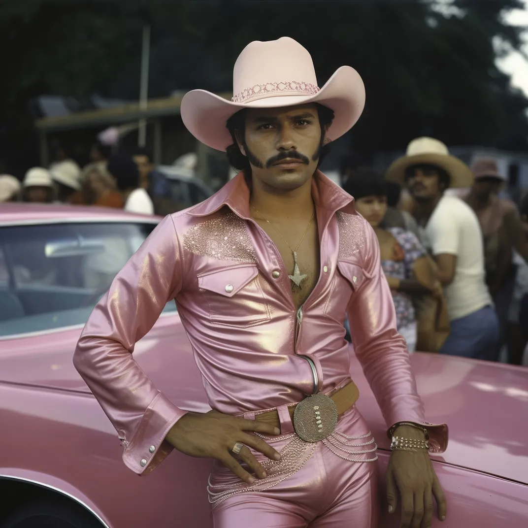 An A.I.-generated image of a man wearing a pink cowboy hat in front of a pink car