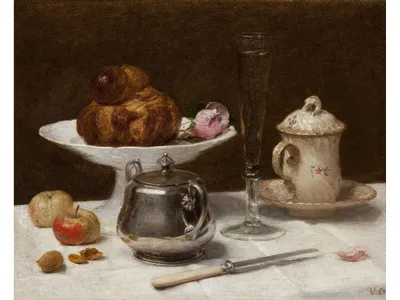 In Still Life With Brioche, c. 1890, Victoria Dubourg Fantin-Latour captures the buttery crust of a signature pastry. Known for her tablescapes, she met her artist husband Henri when both were copying the same painting at the Louvre.