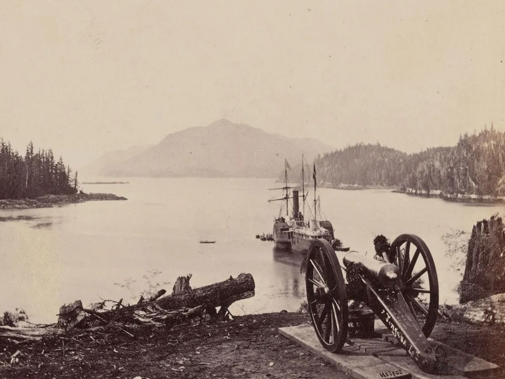View of the S.S. Pacific anchored near Fort Tongass in Alaska in 1868