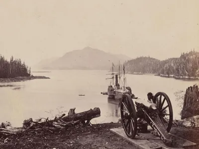 View of the S.S.&nbsp;Pacific&nbsp;anchored near Fort Tongass in Alaska in 1868