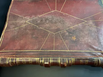 The 315-page police docket from 1904 is bound in red leather with gold accents.
