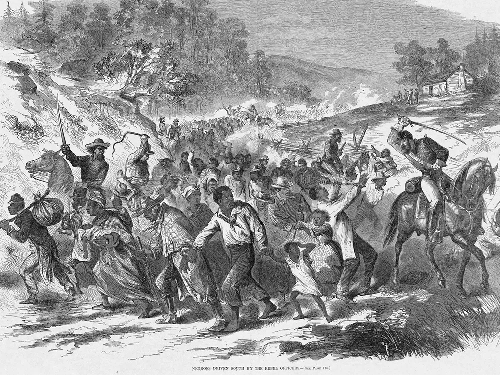A Harper's Weekly illustration of Black Americans being driven south by Confederate officers in 1862
