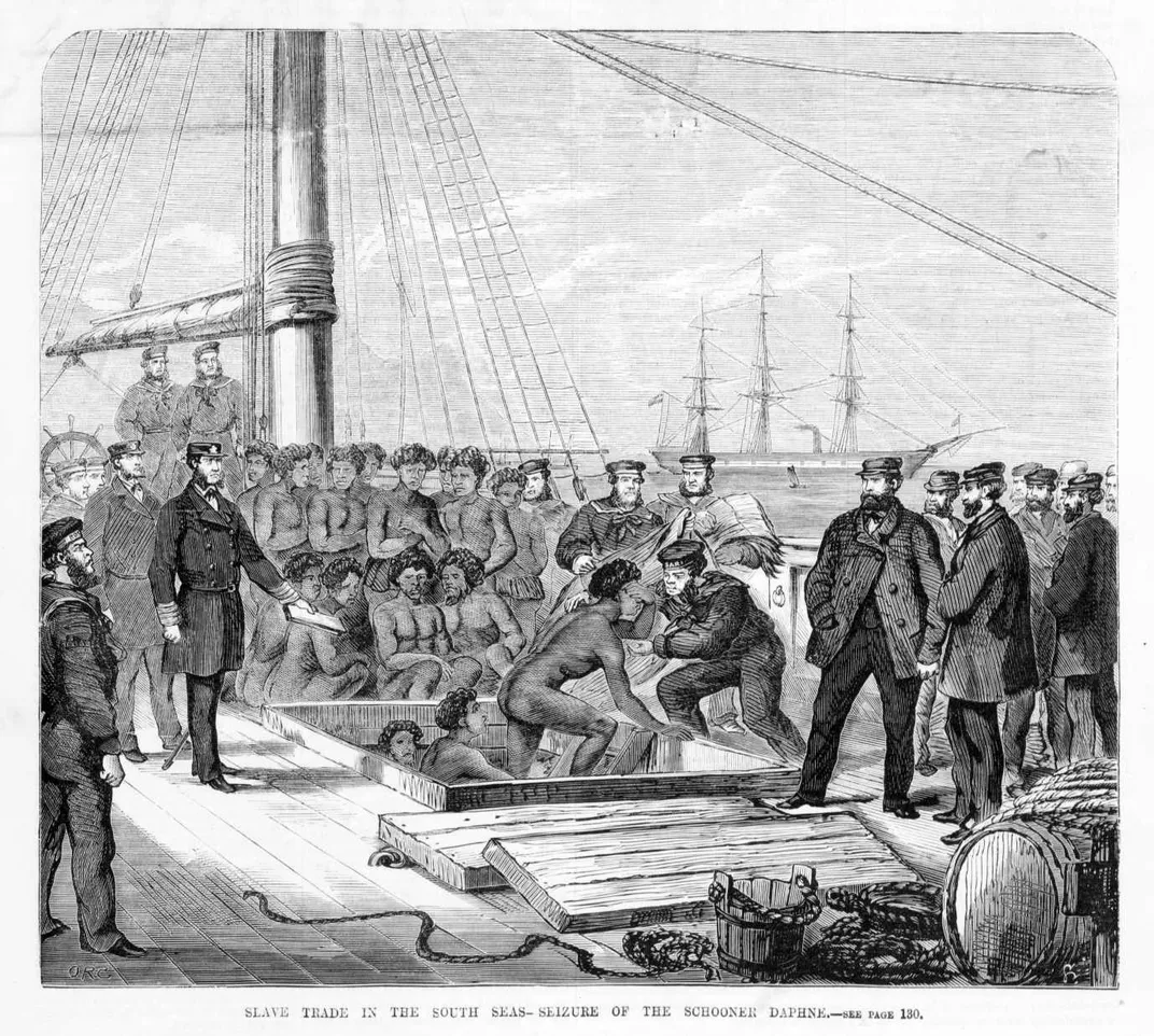 A drawing of the seizure of the Daphne in 1869