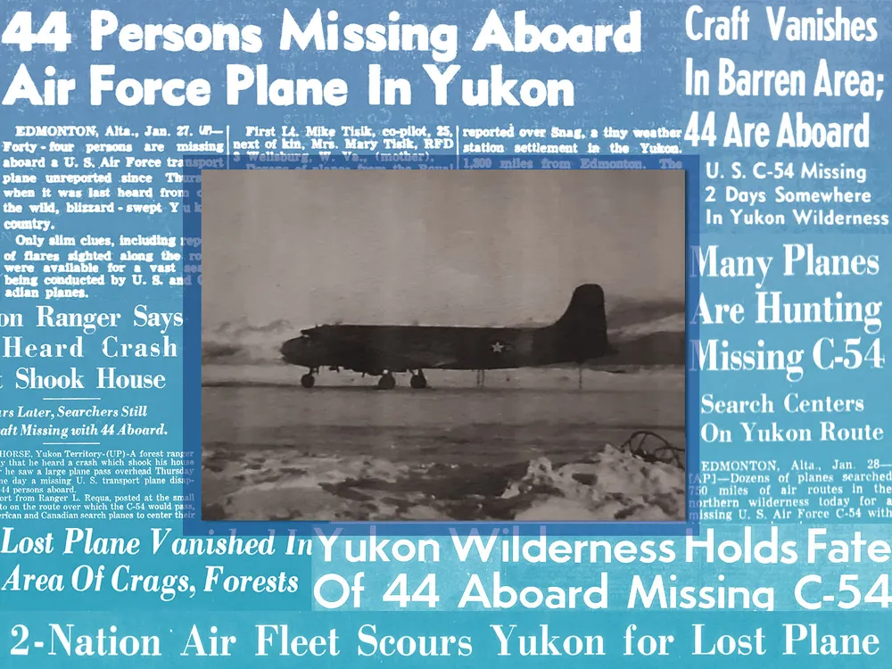 Photo of the C-54D overlaid on newspaper headlines about the disappearance
