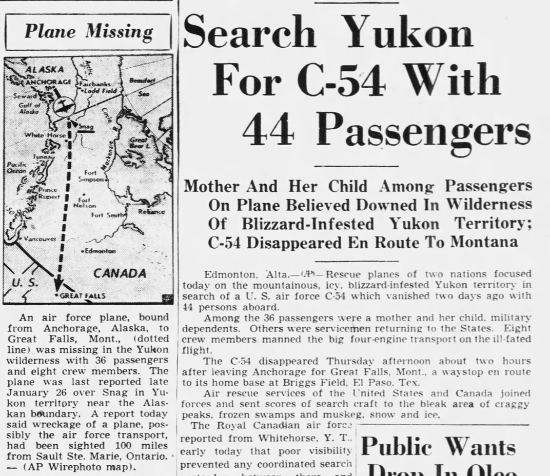 A newspaper article about the Skymaster, with a map of its planned route at left