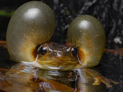 A Surinam golden-eyed tree frog calls for a mate, puffing out its cheeks.