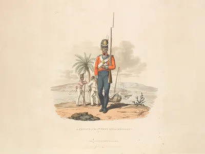 An 1812 illustration of a private from the Fifth West India Regiment. In the 1790s, the remaining members of the Carolina Corps&nbsp;became part of the newly established First West India Regiment.