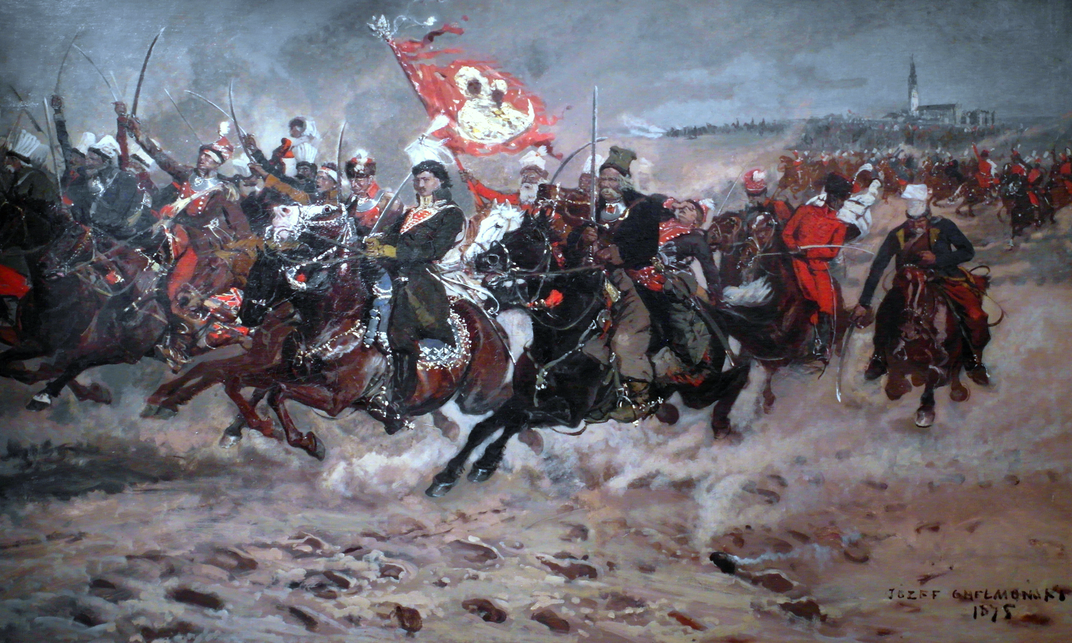 A painting of Pulaski fighting in Czestochowa, Poland, as a leader of the Bar Confederation