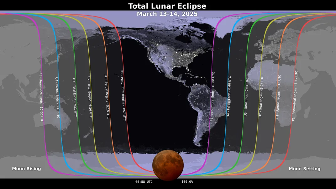 Map showing where the March 13-14, 2025 lunar eclipse is visible.