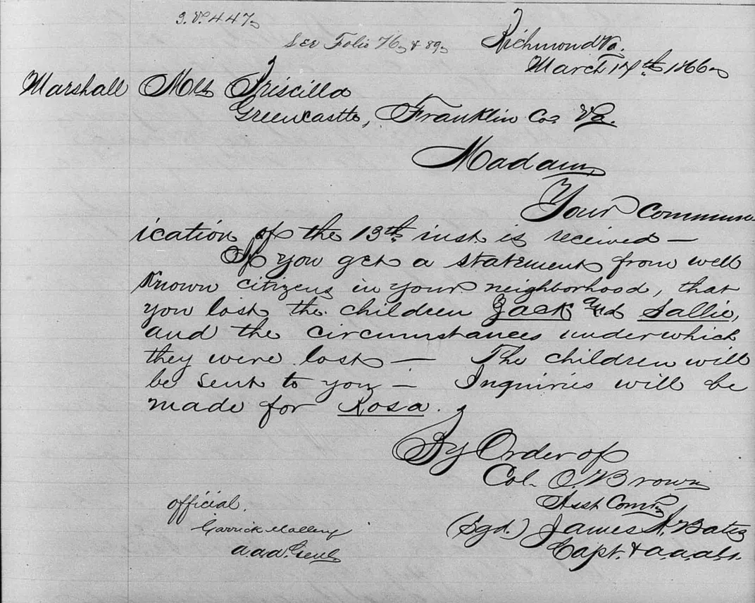 A letter from the head of the Virginia Freedmen's Bureau office to Priscilla Marshall