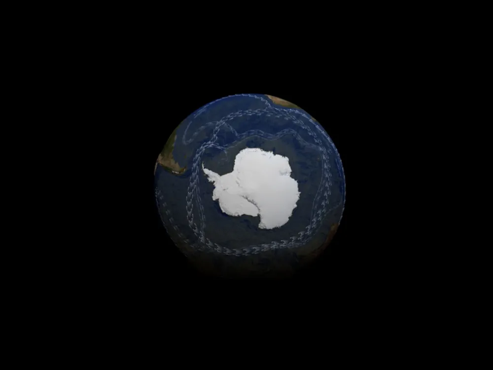 Antarctic Circumpolar Current on the globe around a white Antarctica with branches connecting to other currents.