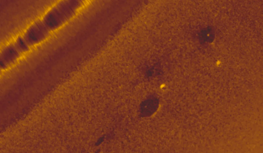 A sonar image of the Pacific's suspected paddle wheels lying in silt